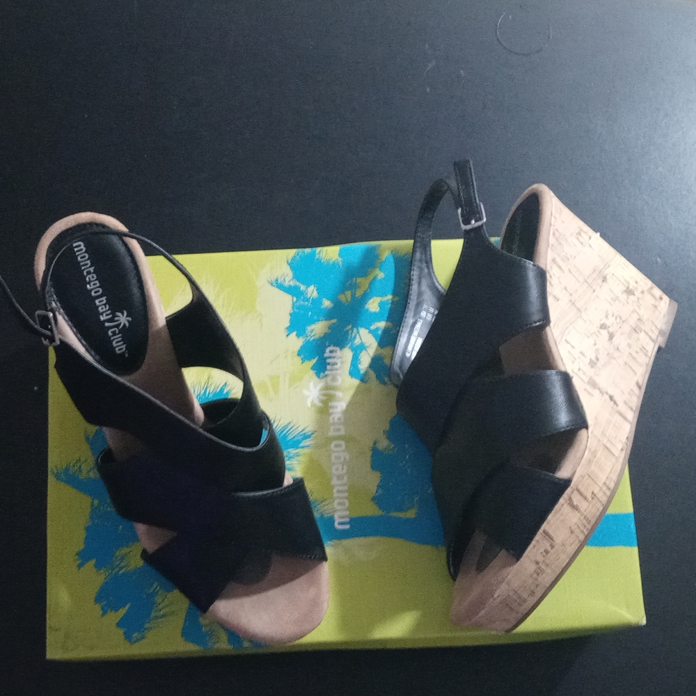 Montego bay club Venus black with cork  wedge sandals size 11 box included